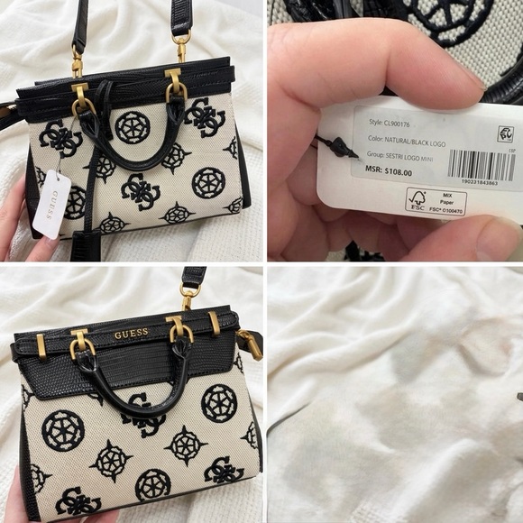 Guess Handbags - GUESS Black and Cream Satchel with Gold Accents